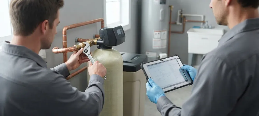 Two water softener technicians installing a system in a home utility room